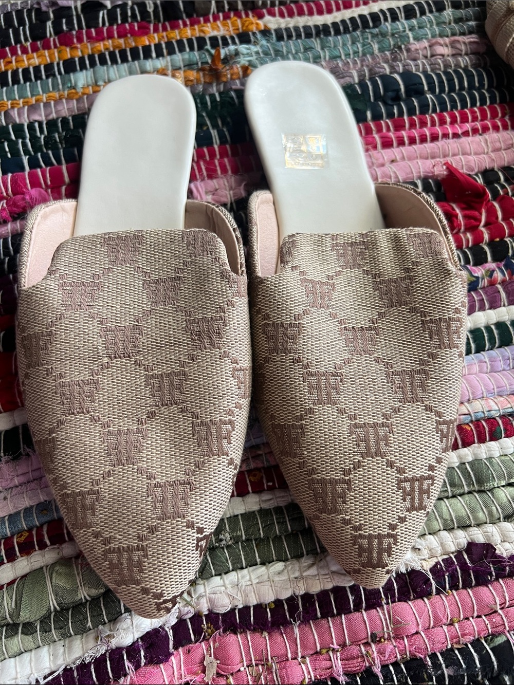 Beige Textured Pointed-Toe Women’s Slide Mules
